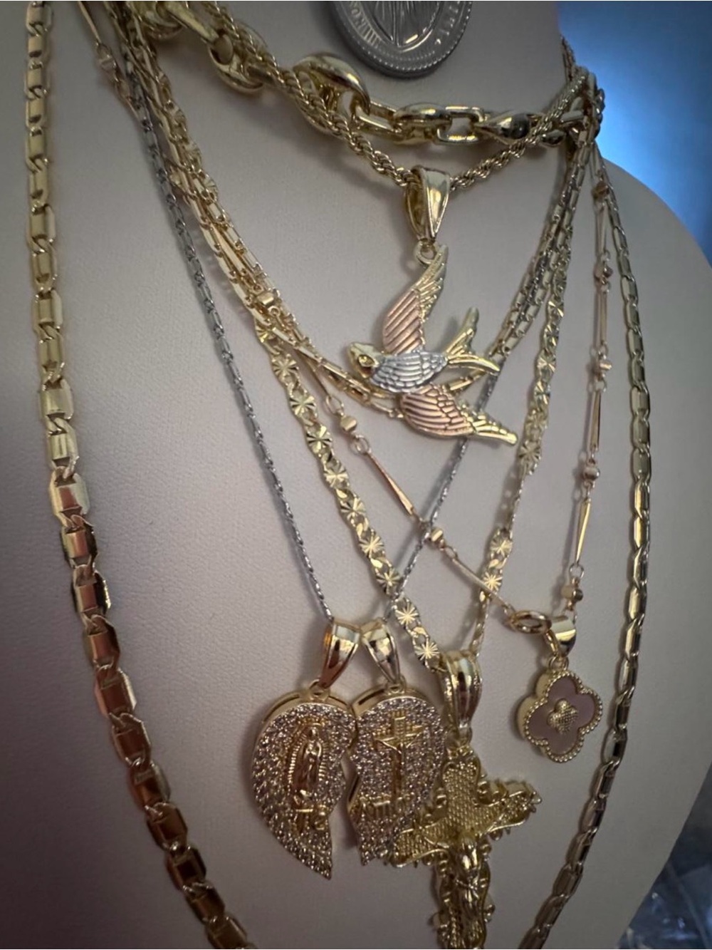Gold-Tone Layered Religious and Bird Pendant Necklace stack cross